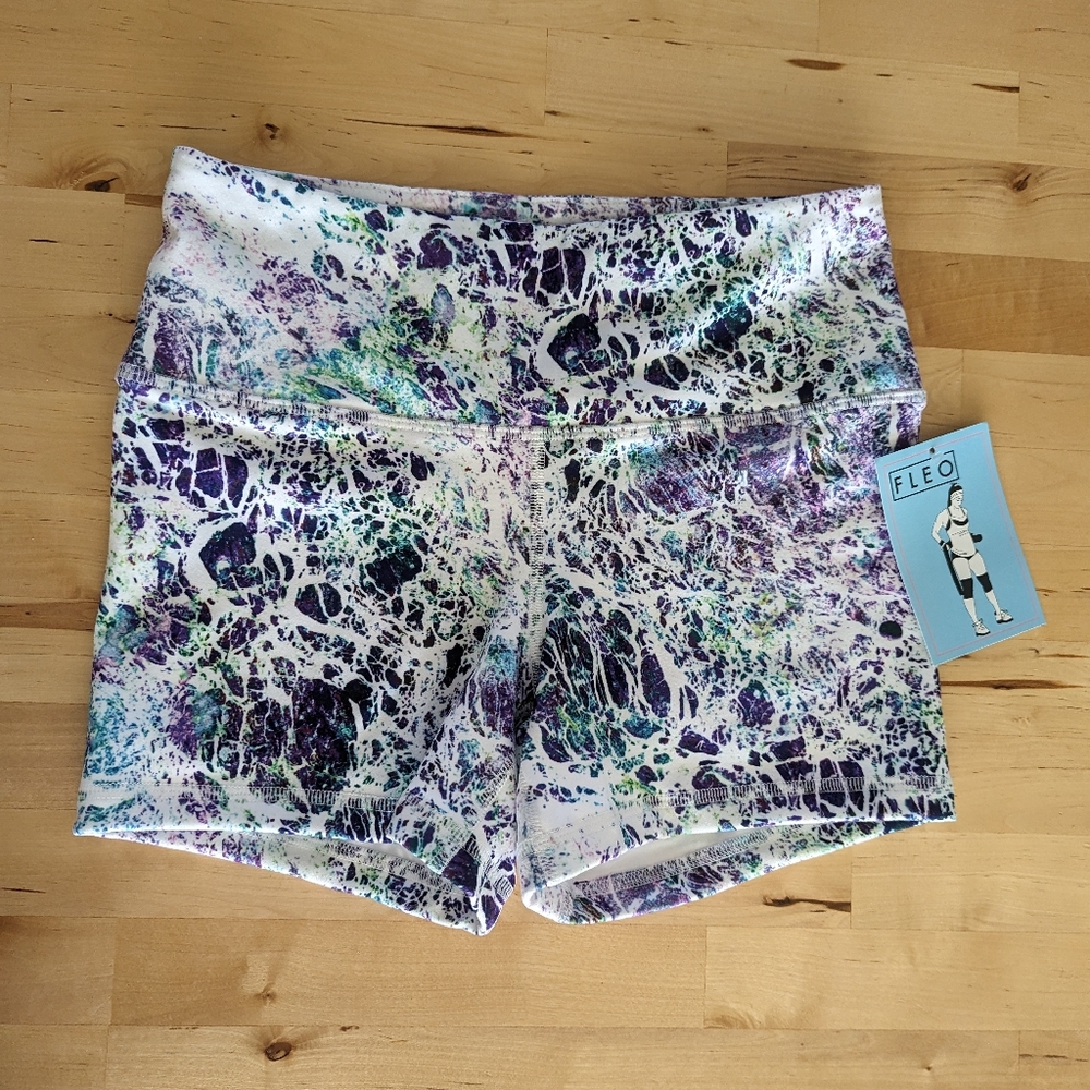 Fleo Women's Athletic Shorts - White, Purple, Teal Marble Print